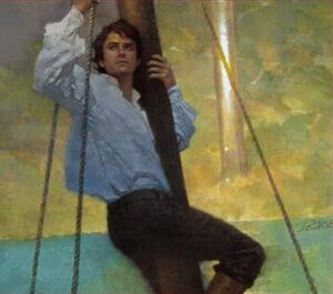 A picture of Rand up in the mast of a ship.