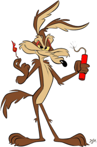 Wile E. Coyote lights a stick of dynamite.