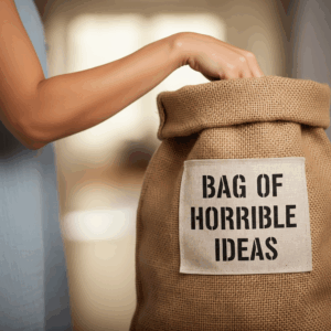 A woman reaches into a burlap bag bearing the label, "BAG OF HORRIBLE IDEAS"