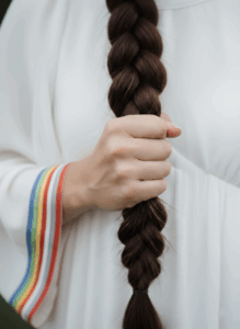 A closeup of a woman's hand tightly gripping a thick braid of brown hair. The woman is wearing a dress whose cuff shows the rainbow stripes of an Accepted.