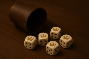 Five dice spilling out of a leather cup, showing five crowns.