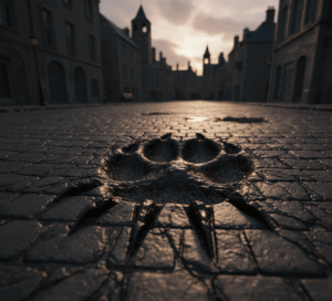 A closeup photo of a Darkhound print, burned into the paving stones of a street in Illian.