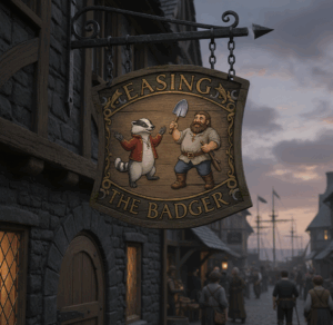 A signboard hangs above the door of an inn located in Illian within the Wheel of Time universe. On it, a white-striped badger dances on its hind legs with a man carrying what seems to be a silver shovel. It reads, "Easing the Badger."