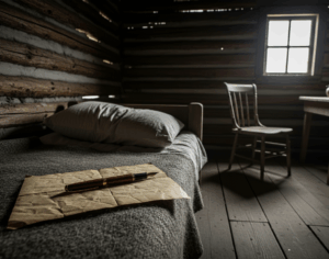 A folded up note written on parchment paper lies on the bed in Rand's cabin.