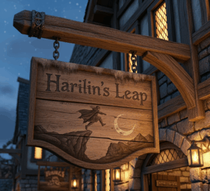 A signboard hanging above the only inn in Jarra. It reads "Harilin's Leap" along with a drawing of a man leaping over a gap in the terrain toward a crescent moon.