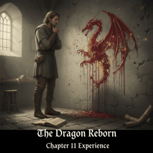 Picture of a middle-ages-era man contemplatively watching a sloppily painted dragon on the wall dry. Captioned "The Dragon Reborn Chapter 11 Experience."