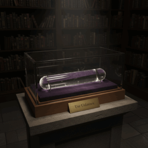 A smooth, perfectly cylindrical rod made of flawless clear crystal, one foot long and one inch in diameter. It is displayed in a museum-style glass case on a velvet cushion. The cylinder has no facets, angles, or cuts — it is completely round, polished like glass, with flat ends. An engraved brass plaque in front of the case reads “Use Unknown.” The scene is dimly lit with a spotlight highlighting the rod, giving it a mysterious and ancient aura.
