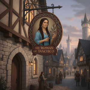 A signboard hangs above the door to an inn. The sign depicts a woman with braided hair carrying an olive branch, and reads "The Woman of Tanchico."