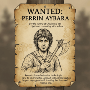 A weathered parchment wanted poster nailed to wood. The headline reads: “WANTED: PERRIN AYBARA.” Below is a sketch of Perrin with yellow wolf-like eyes, messy hair, and a half-moon axe slung across his chest. The text accuses him of killing Children of the Light and “consorting with wolves.” At the bottom, a reward is offered: “Eternal salvation in the Light (and 10 silver marks). Approach with extreme caution. Suspect may appear with brooding, but is armed with vicious axe.”