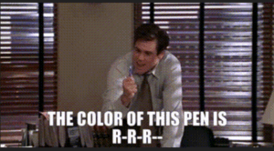 Frame from Liar, Liar (1997) where Jim Carrey is incapable of saying that a blue pen is red. Captioned: "THE COLOR OF THIS PEN IS R-R-R--"