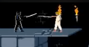 Scene from Prince of Persia (1989) where the player fights their reflection, and the only way to win is to put away your sword.