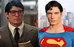 A picture showing Christopher Reeves as Clark Kent to the left and as Superman to the right. Absolutely no resemblance whatsoever.