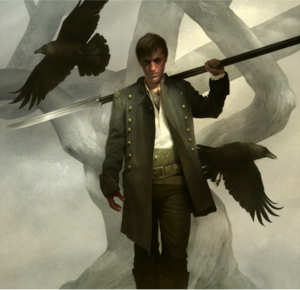 Cover art from The Shadow Rising showing Mat carrying his new pole weapon like the fucking badass he is.