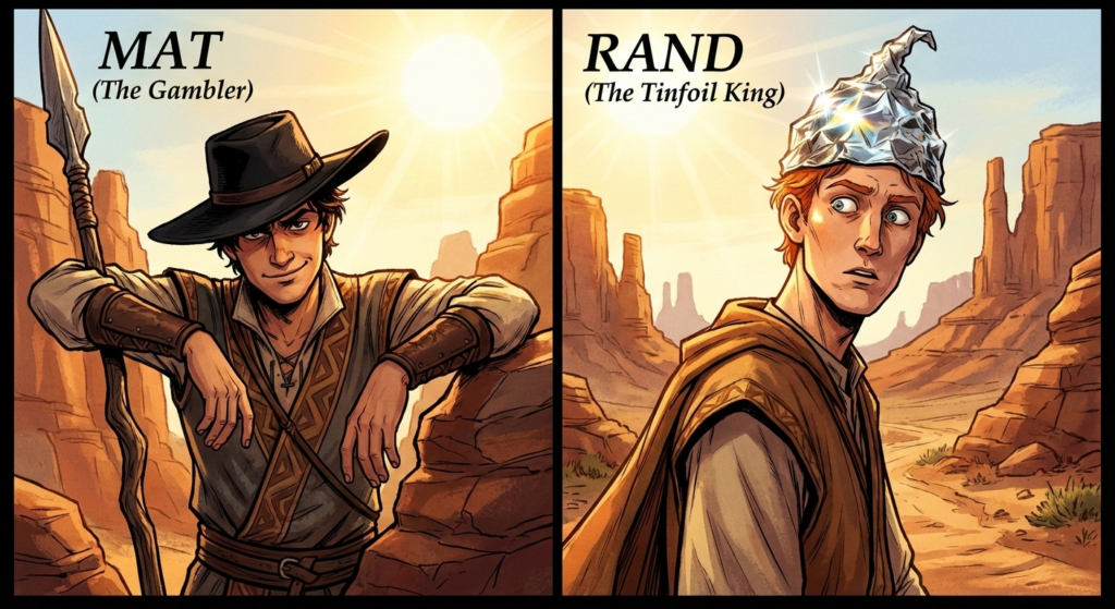 A splitscreen image. On the left is Mat leaning on his poleaxe, sporting his trademark black hat, smirk on his face. On the right, Rand wears a tinfoil hat and looks generally freaked out and sleep deprived.