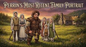 Perrin standing in front of a generic set of cardboard cut-outs with a title above reading "Perrin's Most Recent Family Portrait."